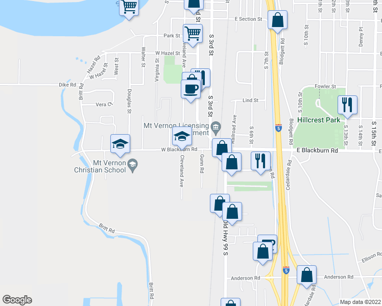 map of restaurants, bars, coffee shops, grocery stores, and more near 310 West Blackburn Road in Mount Vernon