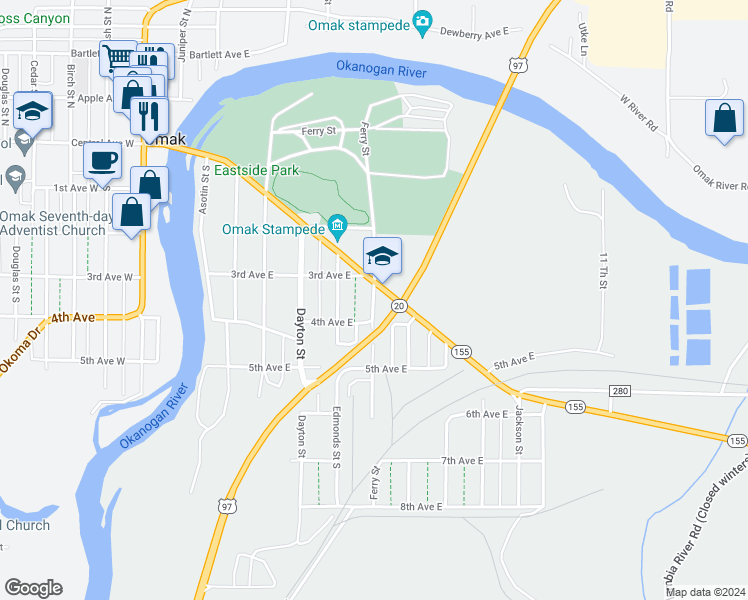 map of restaurants, bars, coffee shops, grocery stores, and more near 702 Omak Avenue in Omak