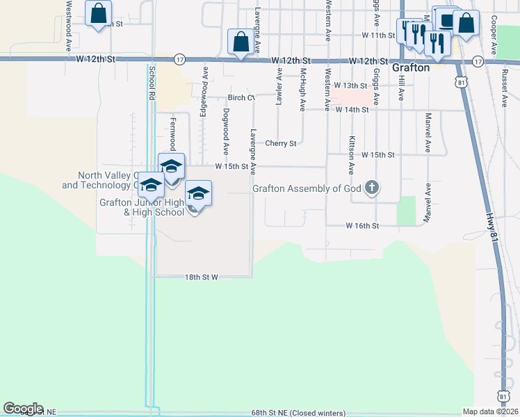 map of restaurants, bars, coffee shops, grocery stores, and more near 1569 Lavergne Avenue in Grafton