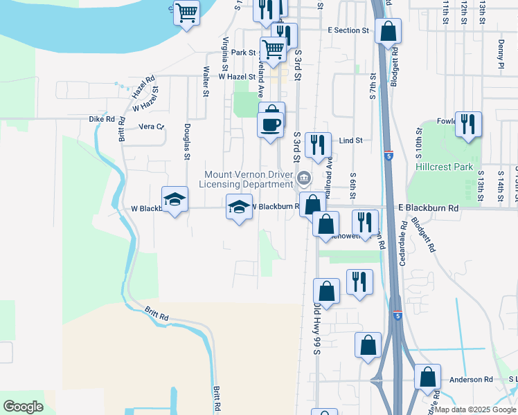 map of restaurants, bars, coffee shops, grocery stores, and more near 401 West Blackburn Road in Mount Vernon