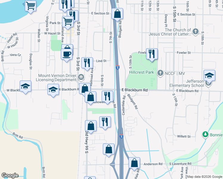 map of restaurants, bars, coffee shops, grocery stores, and more near 401 East Blackburn Road in Mount Vernon