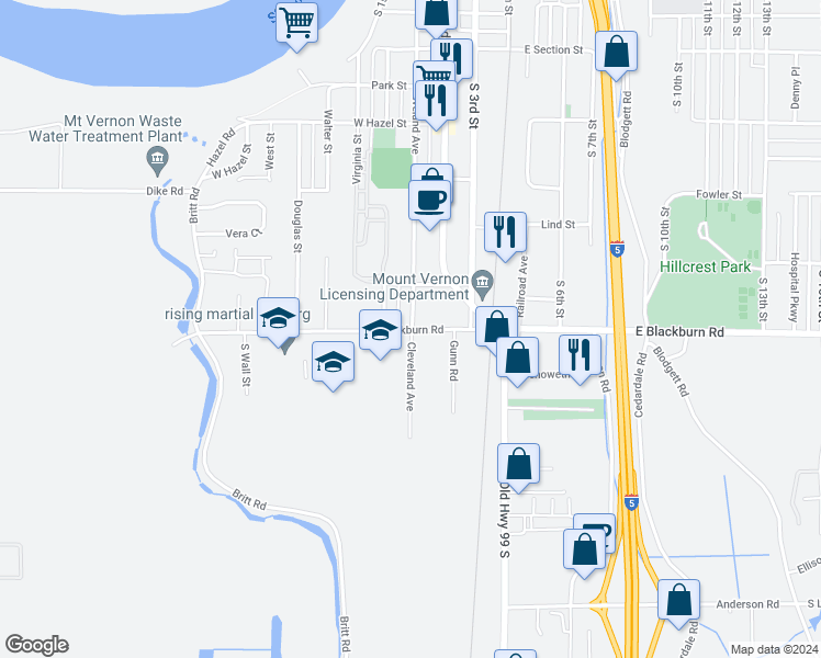 map of restaurants, bars, coffee shops, grocery stores, and more near 310 West Blackburn Road in Mount Vernon