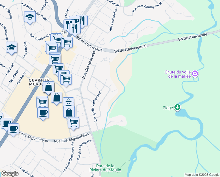 map of restaurants, bars, coffee shops, grocery stores, and more near 1253 Rue Adélard Plourde in Saguenay