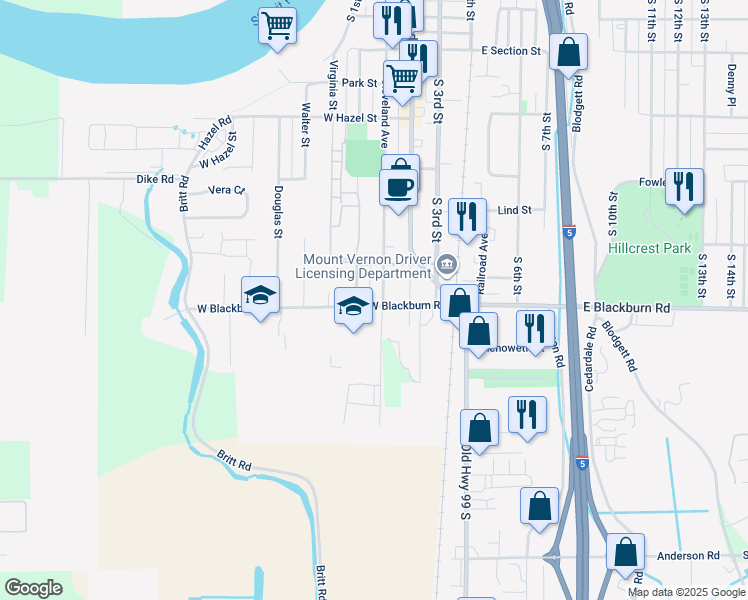 map of restaurants, bars, coffee shops, grocery stores, and more near 407 West Blackburn Road in Mount Vernon
