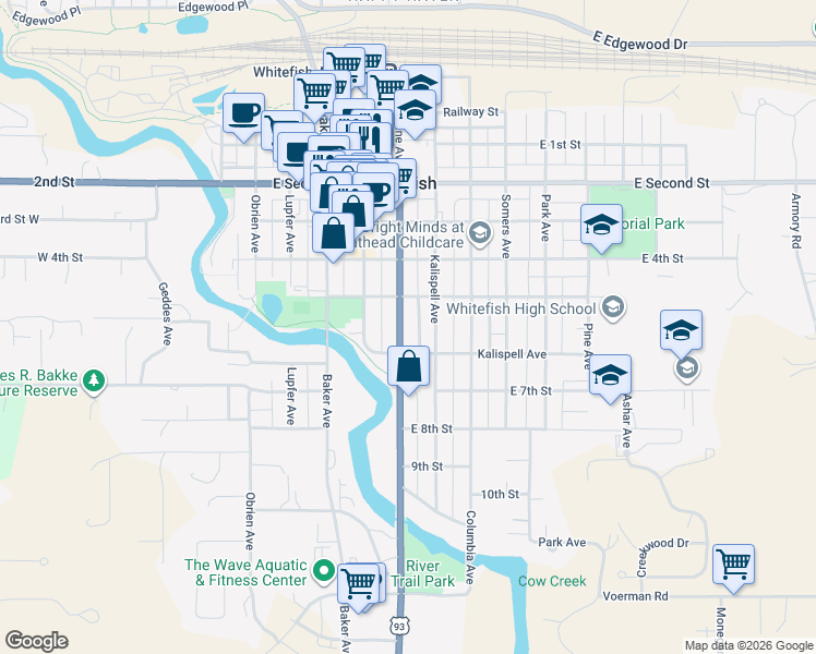 map of restaurants, bars, coffee shops, grocery stores, and more near 620 West 6th Street in Whitefish