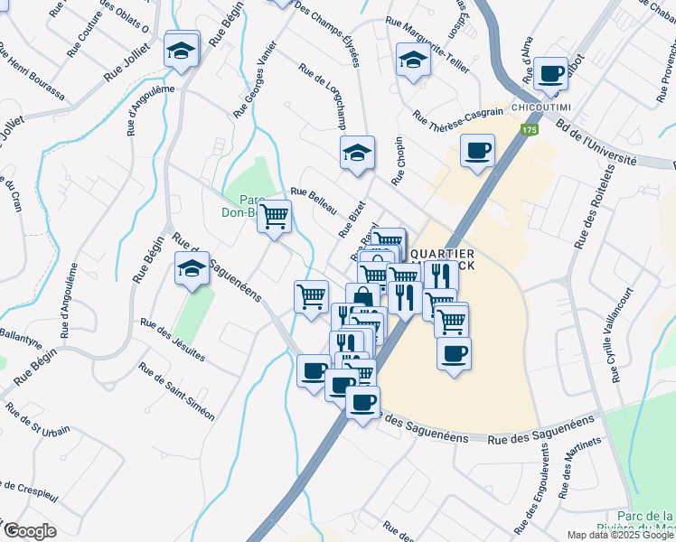 map of restaurants, bars, coffee shops, grocery stores, and more near 332 Rue Goulet in Saguenay