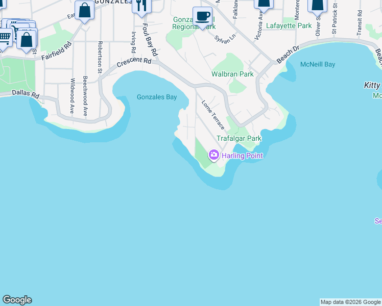 map of restaurants, bars, coffee shops, grocery stores, and more near 2179 Crescent Road in Victoria