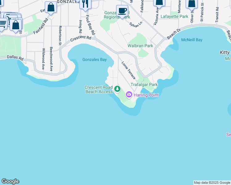 map of restaurants, bars, coffee shops, grocery stores, and more near 2179 Crescent Road in Victoria