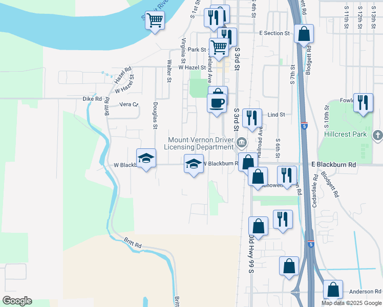 map of restaurants, bars, coffee shops, grocery stores, and more near 1923 Harrison Street in Mount Vernon