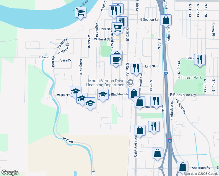 map of restaurants, bars, coffee shops, grocery stores, and more near 407 West Blackburn Road in Mount Vernon