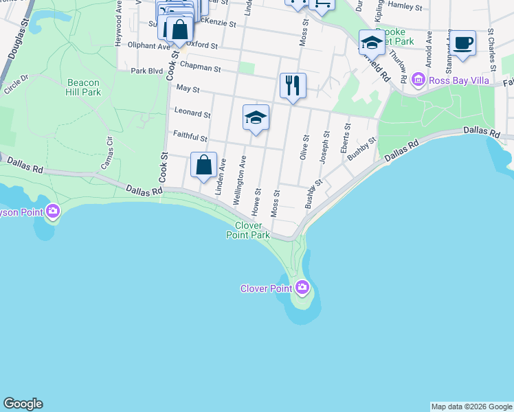 map of restaurants, bars, coffee shops, grocery stores, and more near 1250 Dallas Road in Victoria