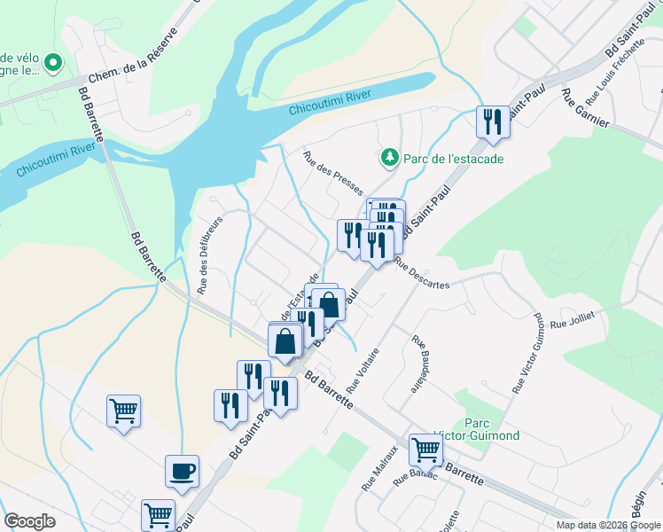 map of restaurants, bars, coffee shops, grocery stores, and more near 1351 Rue de l'Estacade in Saguenay