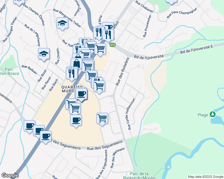 map of restaurants, bars, coffee shops, grocery stores, and more near 1246 Rue des Roitelets in Saguenay