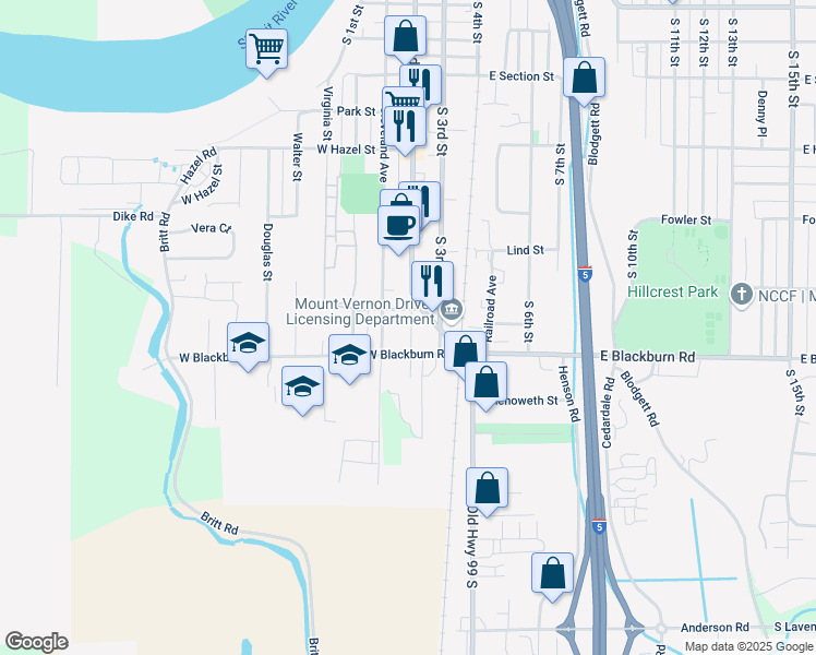 map of restaurants, bars, coffee shops, grocery stores, and more near 1817 South 2nd Street in Mount Vernon