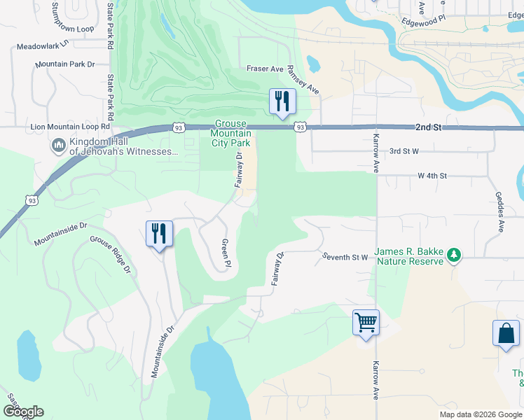 map of restaurants, bars, coffee shops, grocery stores, and more near 2 Fairway Drive in Whitefish