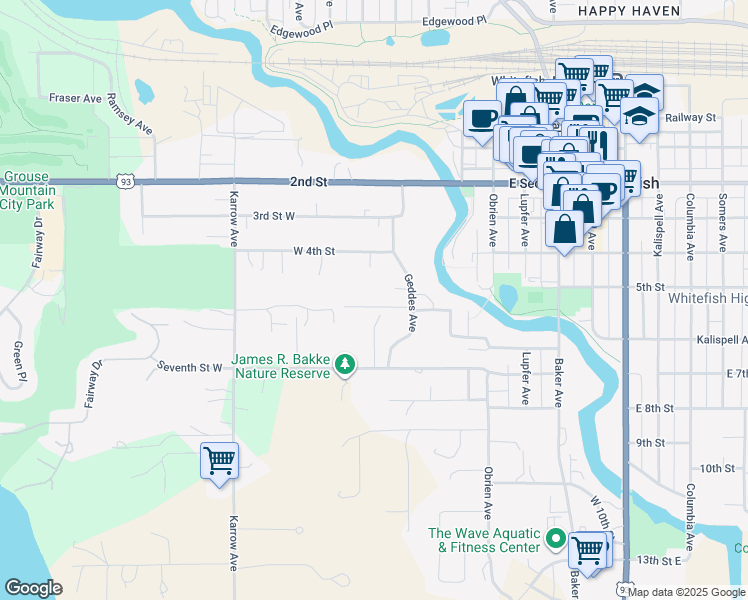 map of restaurants, bars, coffee shops, grocery stores, and more near 211 4th St in Whitefish