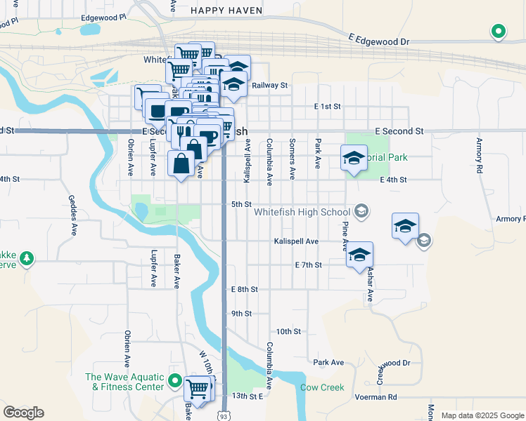 map of restaurants, bars, coffee shops, grocery stores, and more near 420 Columbia Avenue in Whitefish