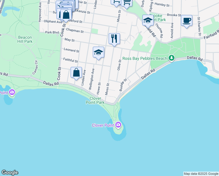 map of restaurants, bars, coffee shops, grocery stores, and more near 1208 Clover Avenue in Victoria