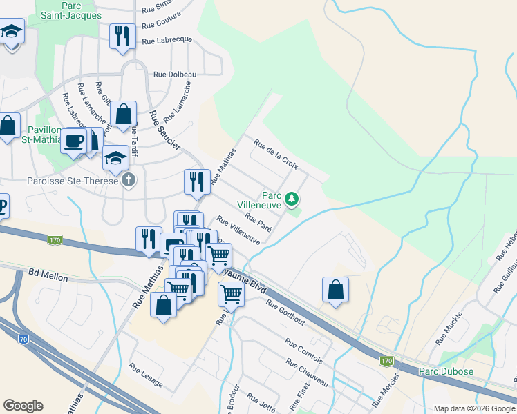 map of restaurants, bars, coffee shops, grocery stores, and more near 2357 Rue Munger in Saguenay