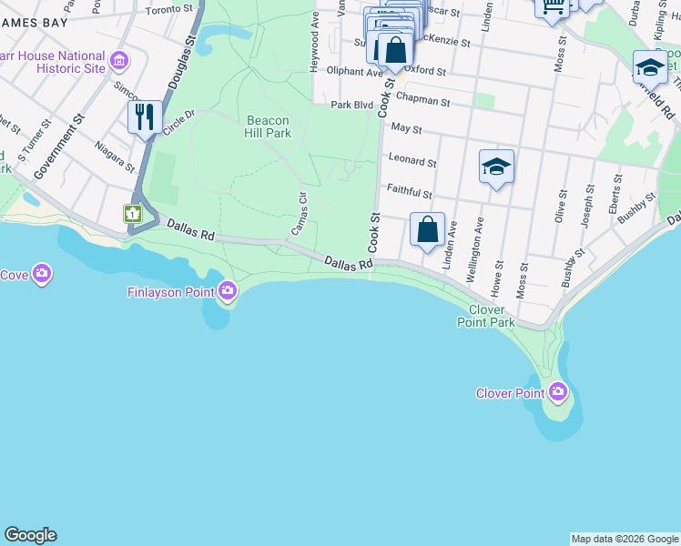 map of restaurants, bars, coffee shops, grocery stores, and more near Dallas Road Waterfront Trail in Victoria