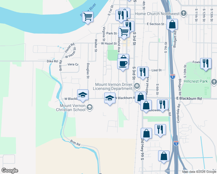 map of restaurants, bars, coffee shops, grocery stores, and more near 1905 Harrison Street in Mount Vernon