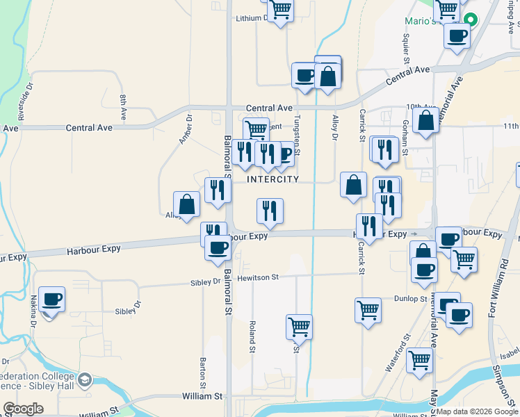 map of restaurants, bars, coffee shops, grocery stores, and more near 1005 Alloy Drive in Thunder Bay