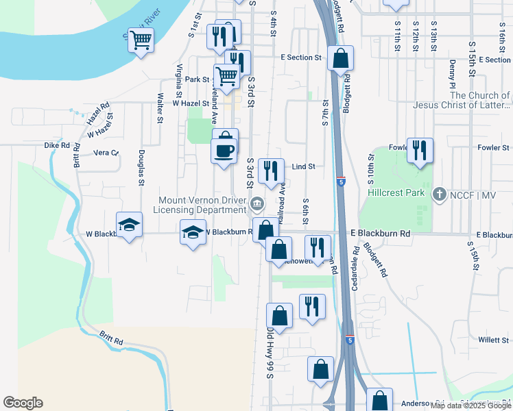 map of restaurants, bars, coffee shops, grocery stores, and more near 1811 South 3rd Street in Mount Vernon