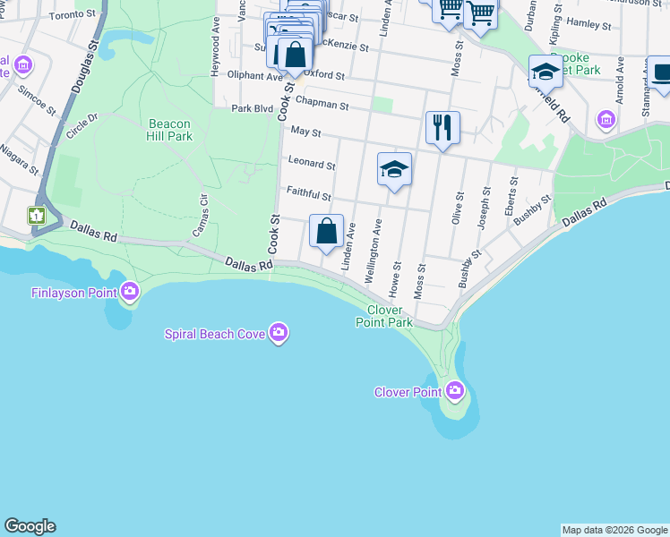 map of restaurants, bars, coffee shops, grocery stores, and more near 1134 Dallas Road in Victoria