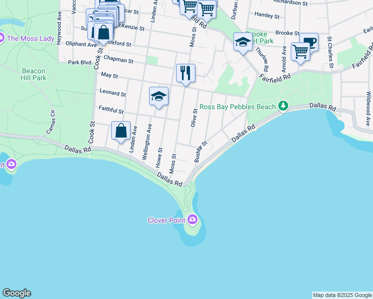 map of restaurants, bars, coffee shops, grocery stores, and more near 1321 George Street in Victoria