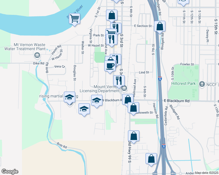map of restaurants, bars, coffee shops, grocery stores, and more near 1817 South 2nd Street in Mount Vernon