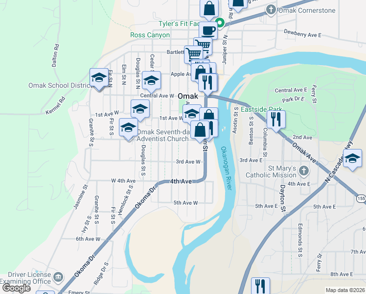 map of restaurants, bars, coffee shops, grocery stores, and more near 208 Ash Street South in Omak