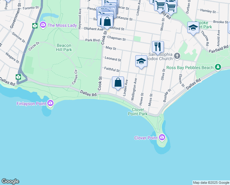 map of restaurants, bars, coffee shops, grocery stores, and more near 1134 Dallas Road in Victoria