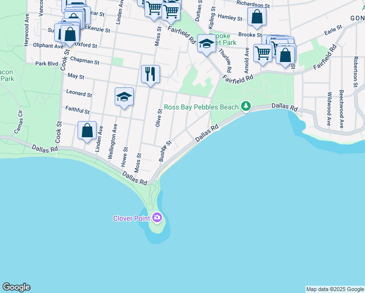 map of restaurants, bars, coffee shops, grocery stores, and more near 1484 Dallas Road in Victoria