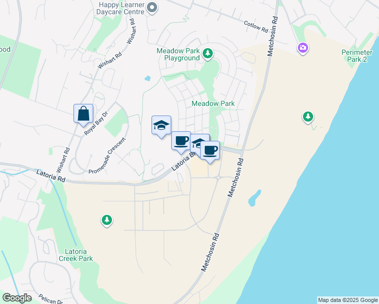 map of restaurants, bars, coffee shops, grocery stores, and more near 26 Latoria Boulevard in Victoria