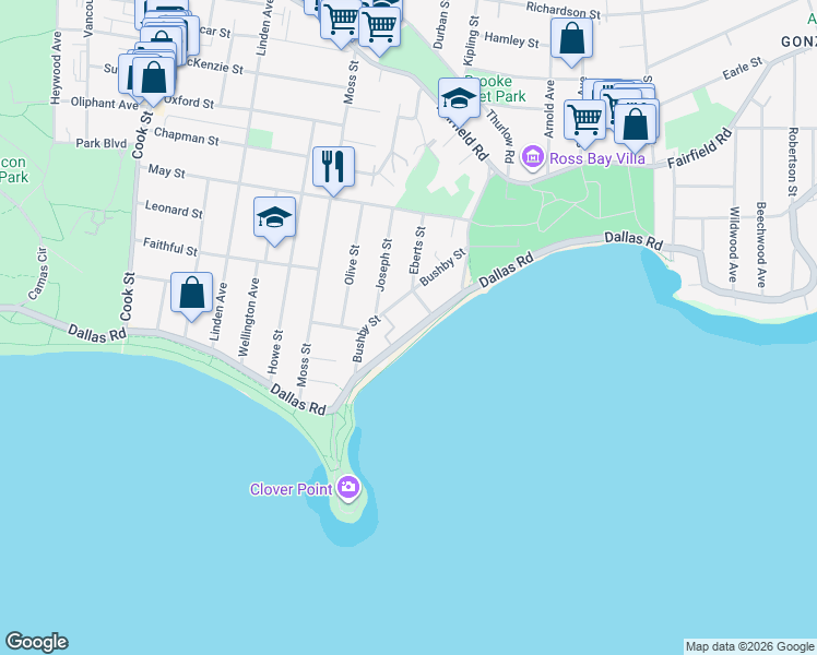 map of restaurants, bars, coffee shops, grocery stores, and more near 1486 Dallas Road in Victoria