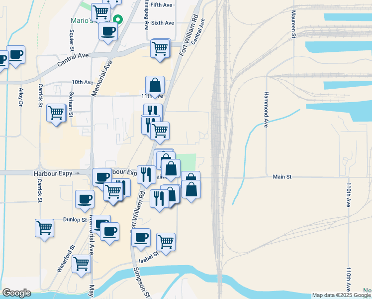 map of restaurants, bars, coffee shops, grocery stores, and more near 383 Mooney Avenue in Thunder Bay