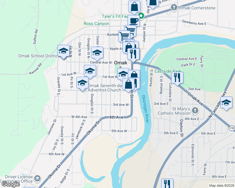map of restaurants, bars, coffee shops, grocery stores, and more near 208 Ash Street South in Omak