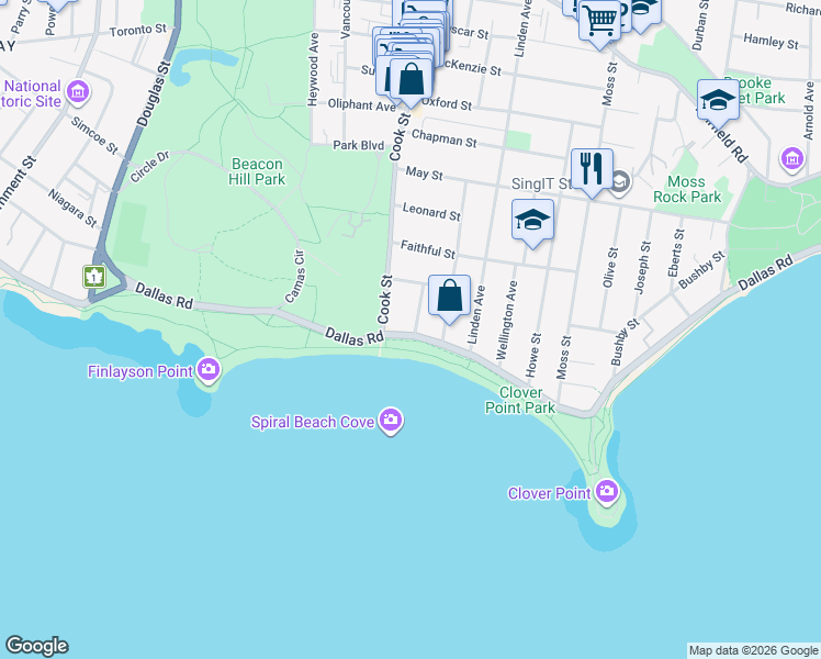 map of restaurants, bars, coffee shops, grocery stores, and more near in Victoria