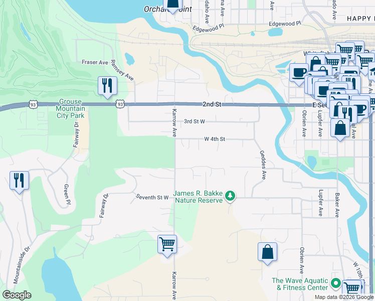 map of restaurants, bars, coffee shops, grocery stores, and more near 503B West 4th Street in Whitefish