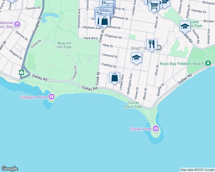 map of restaurants, bars, coffee shops, grocery stores, and more near 1124 Dallas Road in Victoria