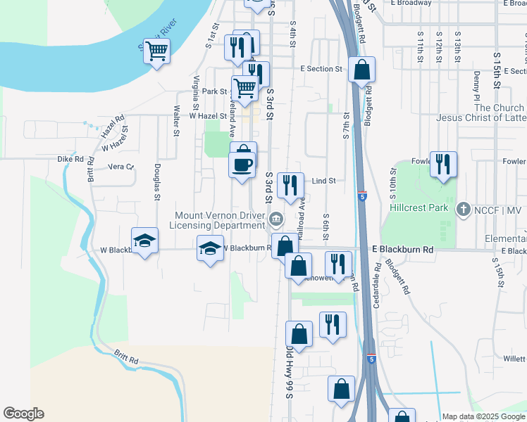 map of restaurants, bars, coffee shops, grocery stores, and more near 1811 South 3rd Street in Mount Vernon