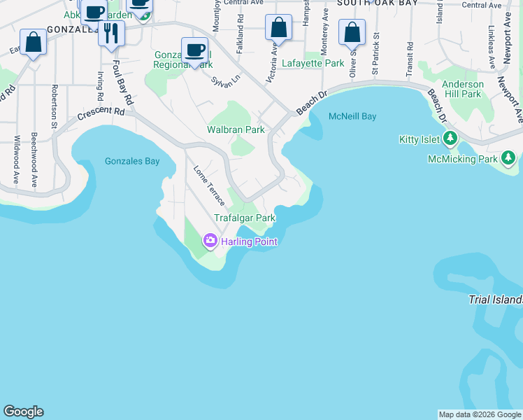 map of restaurants, bars, coffee shops, grocery stores, and more near in Victoria