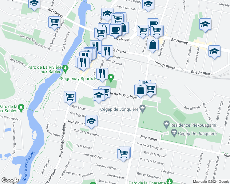 map of restaurants, bars, coffee shops, grocery stores, and more near 3912 Rue de la Fabrique in Saguenay