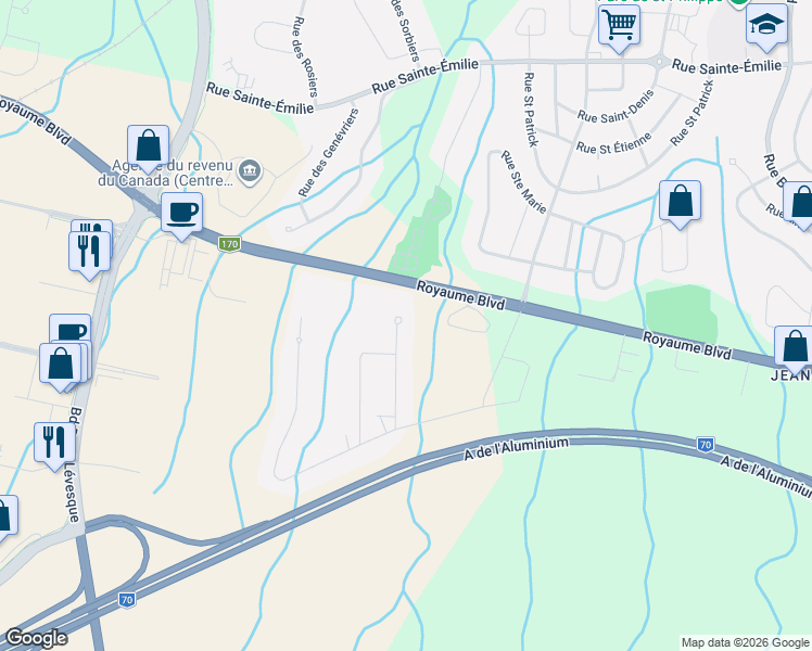 map of restaurants, bars, coffee shops, grocery stores, and more near 2253 Rue Saphir in Saguenay