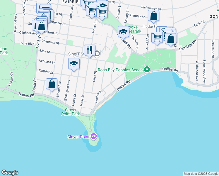 map of restaurants, bars, coffee shops, grocery stores, and more near 141 Bushby Street in Victoria
