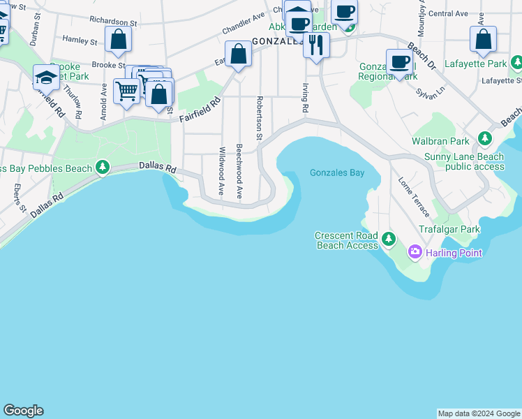 map of restaurants, bars, coffee shops, grocery stores, and more near 1803 Hollywood Crescent in Victoria