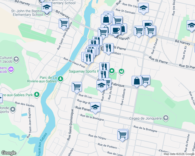 map of restaurants, bars, coffee shops, grocery stores, and more near 3978 Rue de la Fabrique in Saguenay