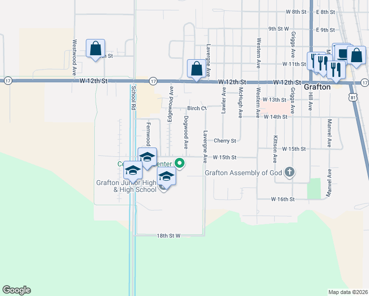 map of restaurants, bars, coffee shops, grocery stores, and more near 600-698 West 15th Street in Grafton