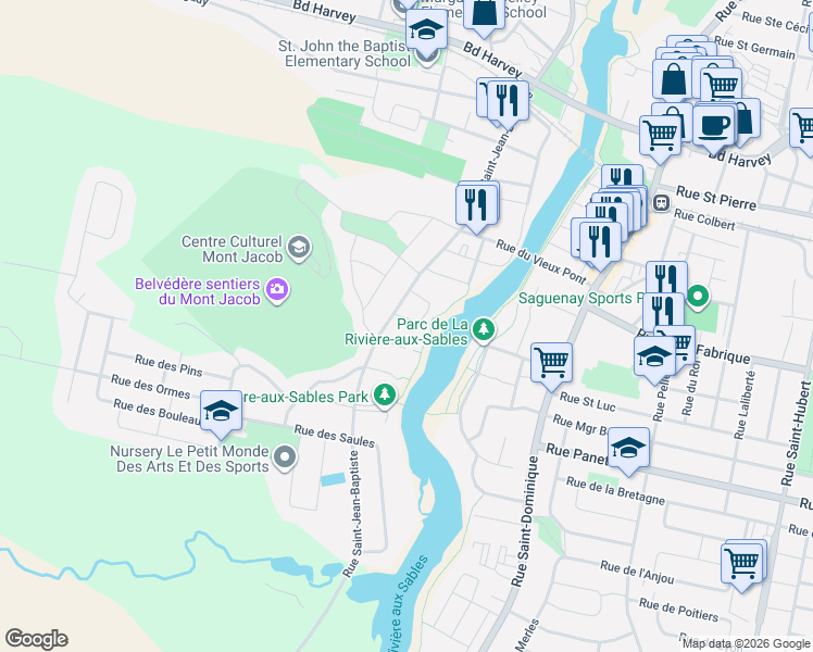 map of restaurants, bars, coffee shops, grocery stores, and more near 4067 Rue Saint Grégoire in Saguenay