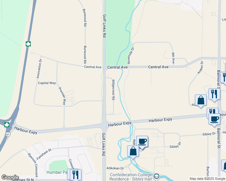 map of restaurants, bars, coffee shops, grocery stores, and more near 141 Ridgecrest Road in Thunder Bay